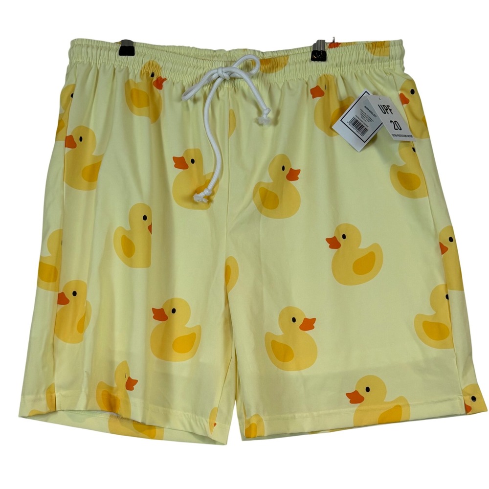 NWT Mens Yellow Rubber Ducky Swim Trunks UPF 20 Water Repellent XL Fun Retro